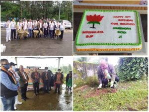 Shillong Sept 17: The Meghalaya BJP conducted various activities on the occasion of 70th Birthday of Prime Minister, Narendra Modi. Cleaning drive and pplantation of trees at Golflinks was carried out besides seeding of fish at Umsohlang river, The tree plantation and cleaning drive was held at Nongkrem as well as all the ddistricts of Garo Hills, Ri-Bhoi and Jaintia Hills District. On the occasion, the BJP ccelebrated Modi's birthday with the cutting of cake at the BJP office by State President,Ernest Mawrie and Health Minister A.L Hek.