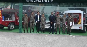 TKM displayed special-purpose Hilux (two vehicles) modified with the support of an authorized external vendor, that can fulfil specific customer requirements, suiting varied needs, and apt for army usage