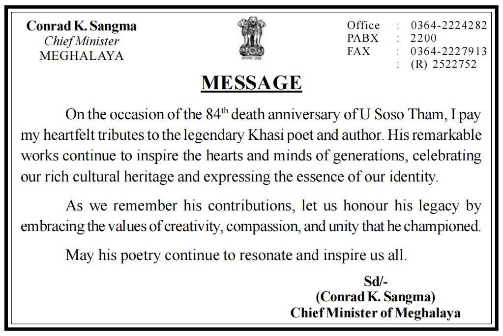 Governor’s Message on the Death Anniversary of U Soso Tham 2024