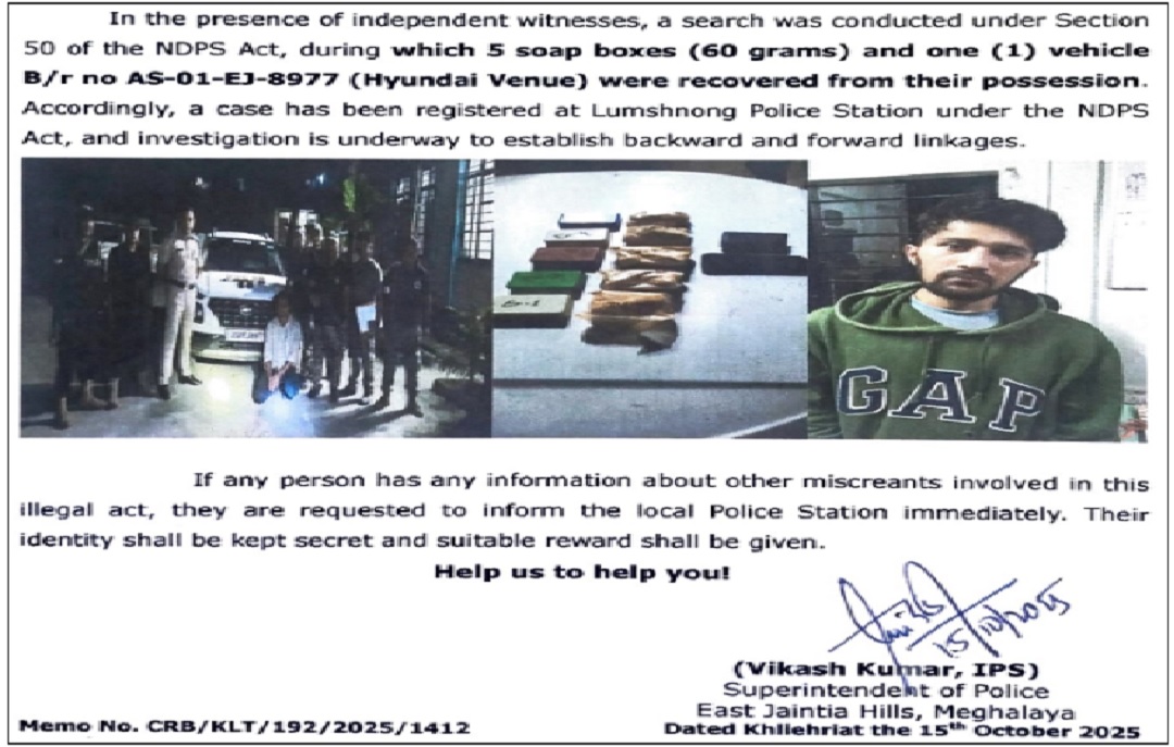 Inter-State Drug Trafficking Gang Busted by East Jaintia Hills Police