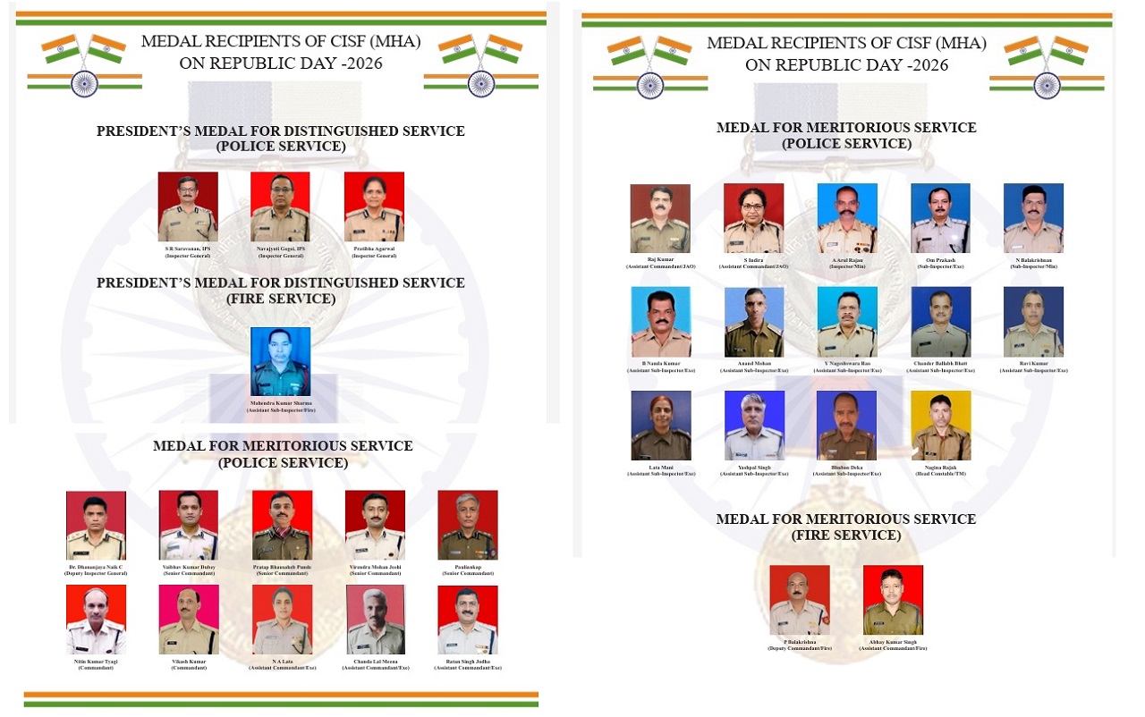 30 CISF Personnel Awarded President’s Police and Fire Service Medals on Republic Day 2026
