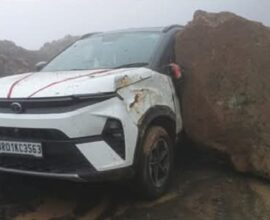 Huge Boulder Crushes Vehicle on Shillong–Dawki Road, Occupant Escapes Unhurt