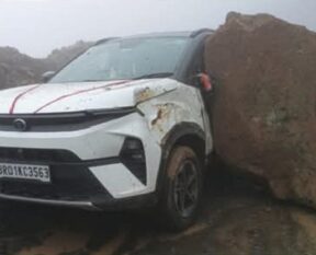 Huge Boulder Crushes Vehicle on Shillong–Dawki Road, Occupant Escapes Unhurt