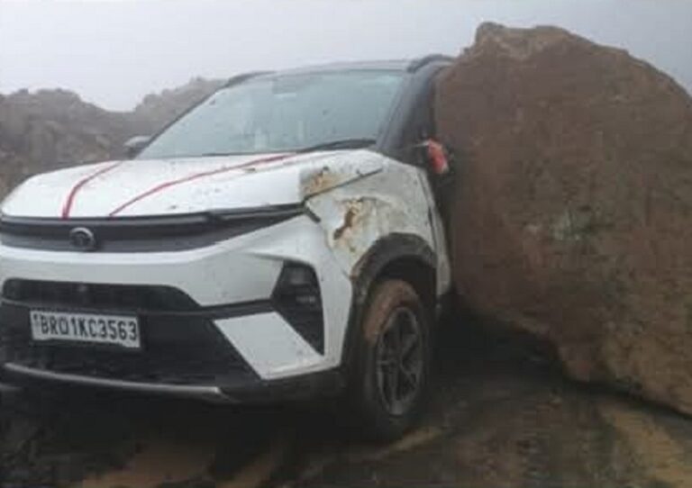 Huge Boulder Crushes Vehicle on Shillong–Dawki Road, Occupant Escapes Unhurt