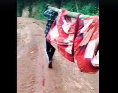 Villagers Carry Sick Man on Makeshift Stretcher as Lack of Road Leaves Nongkynrih Isolated