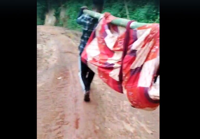 Villagers Carry Sick Man on Makeshift Stretcher as Lack of Road Leaves Nongkynrih Isolated